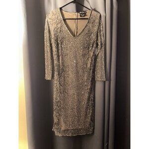 Pisarro Nights Beaded V-neck 3/4 Sleeve Cocktail Dress In Mocha Size 6